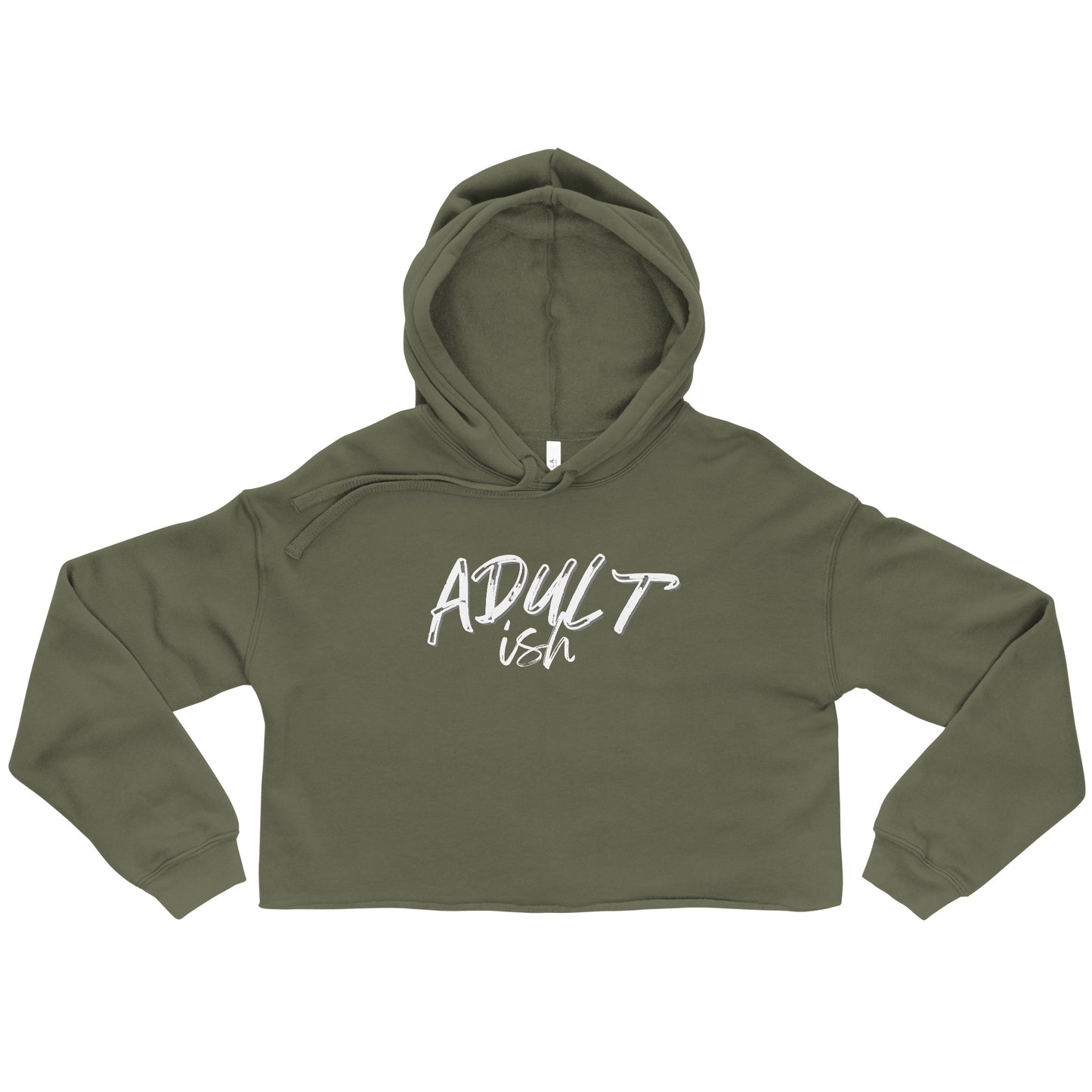 Green crop hoodie with "Adult-ish" caption.