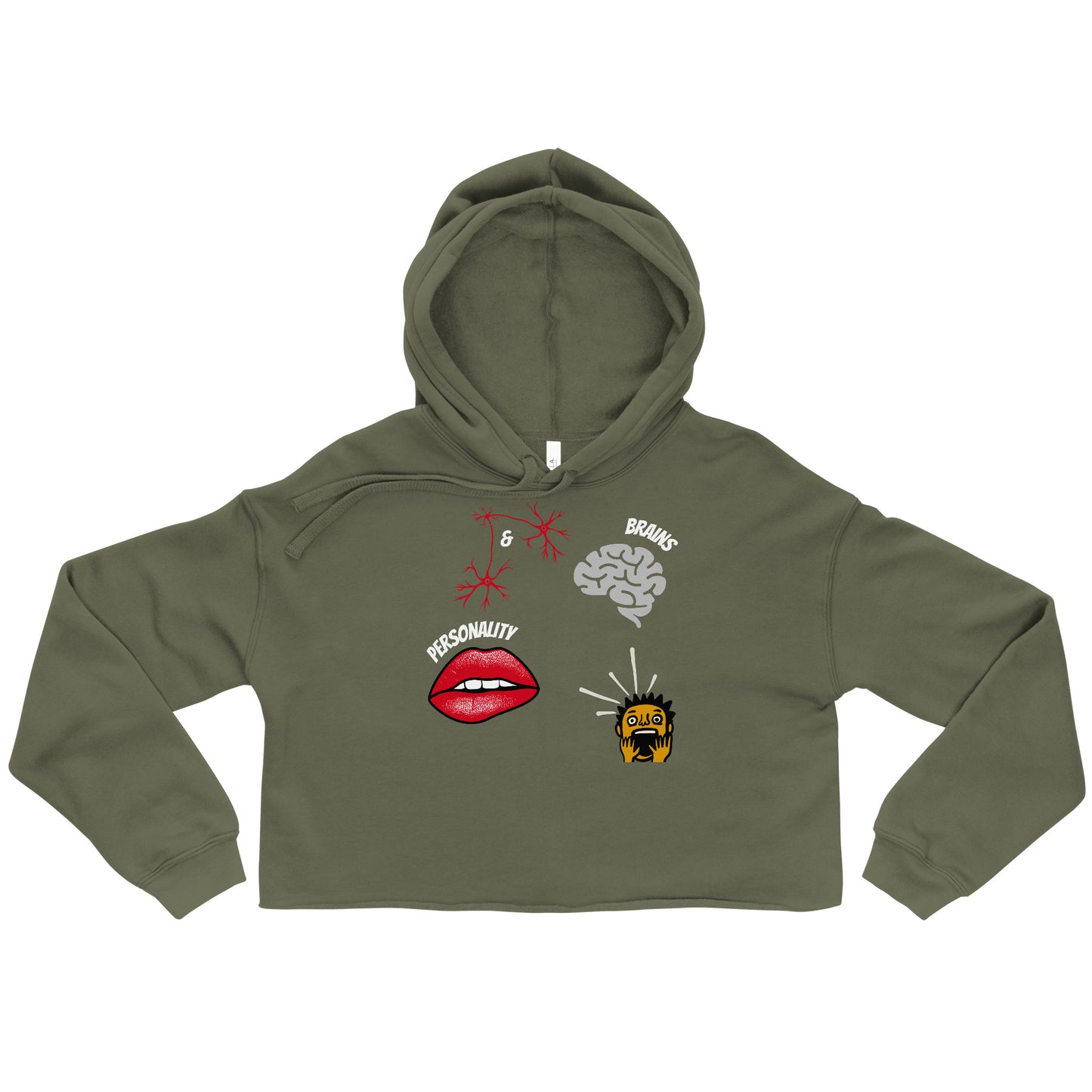 unisex military green hoodie with pictures of brain sexy lips neurons and a shocked guy