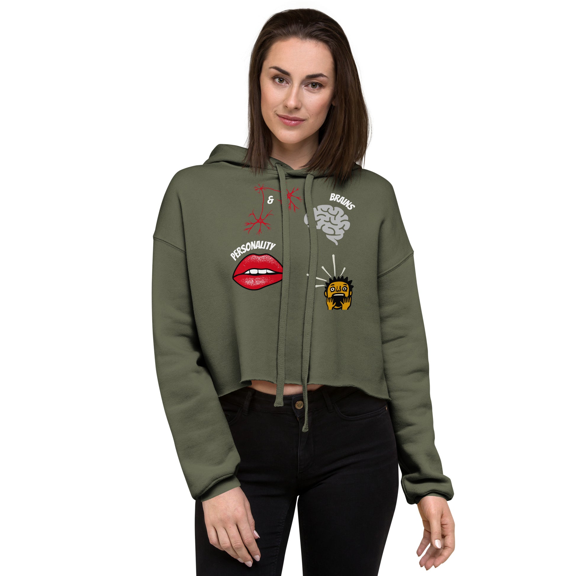 woman in a cropped military green hoodie with pictures of brain sexy lips neurons and a shocked guy