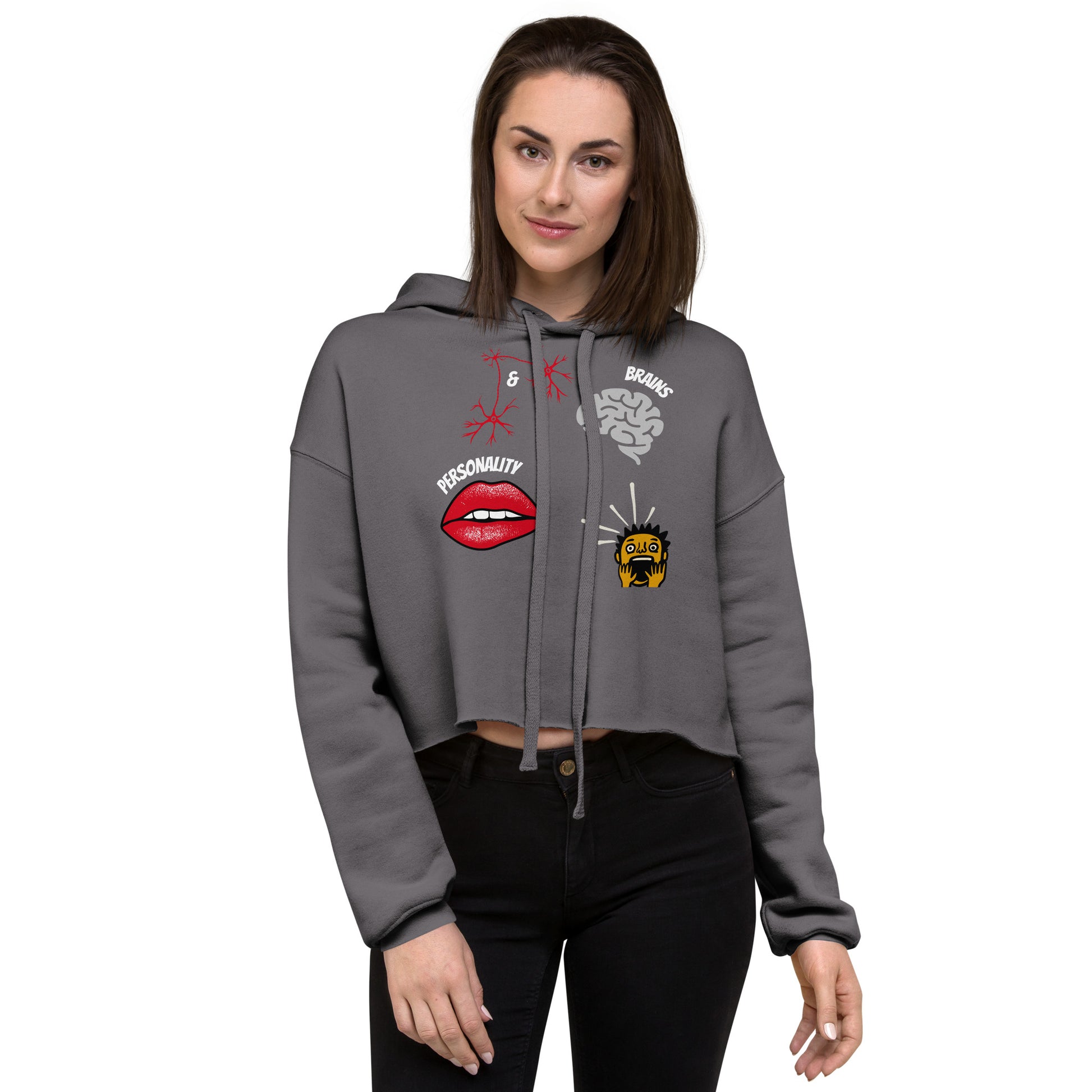 woman in a cropped grey hoodie with pictures of brain sexy lips neurons and a shocked guy