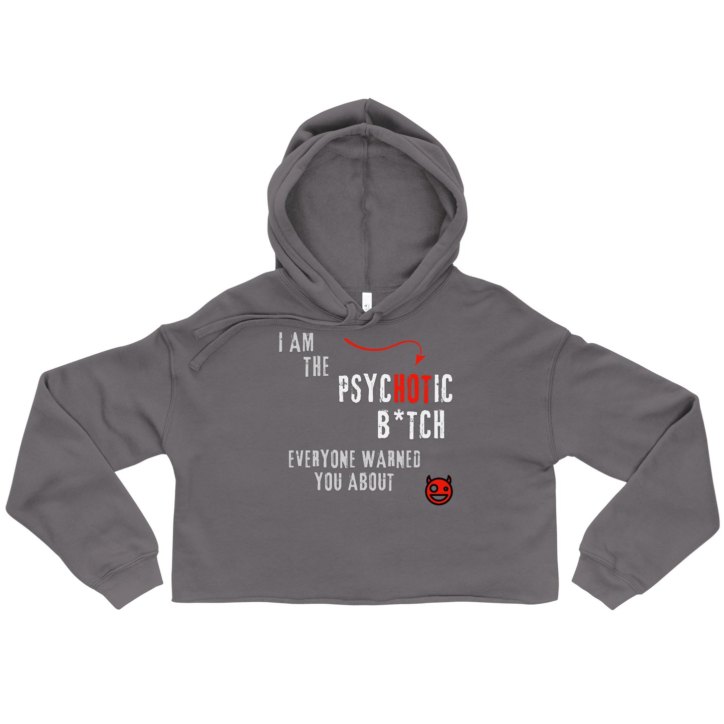 Grey crop hoodie with "I am the Psychotic B*tch Everyone Warned You About" caption.