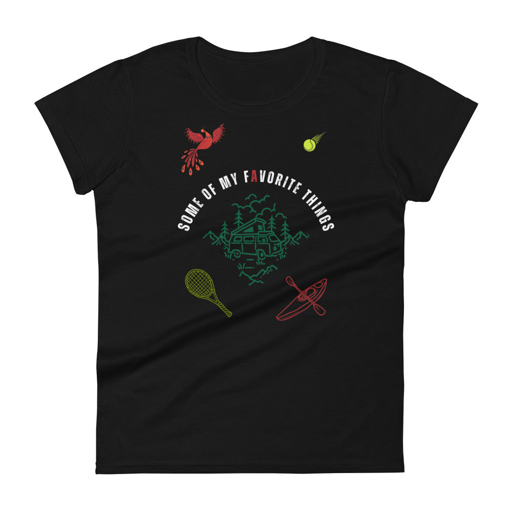 t-shirt in black with some of my favorite things inscribed in the center, russian firebird, tennis ball, tennis racket, kayak, camper van, nature scene