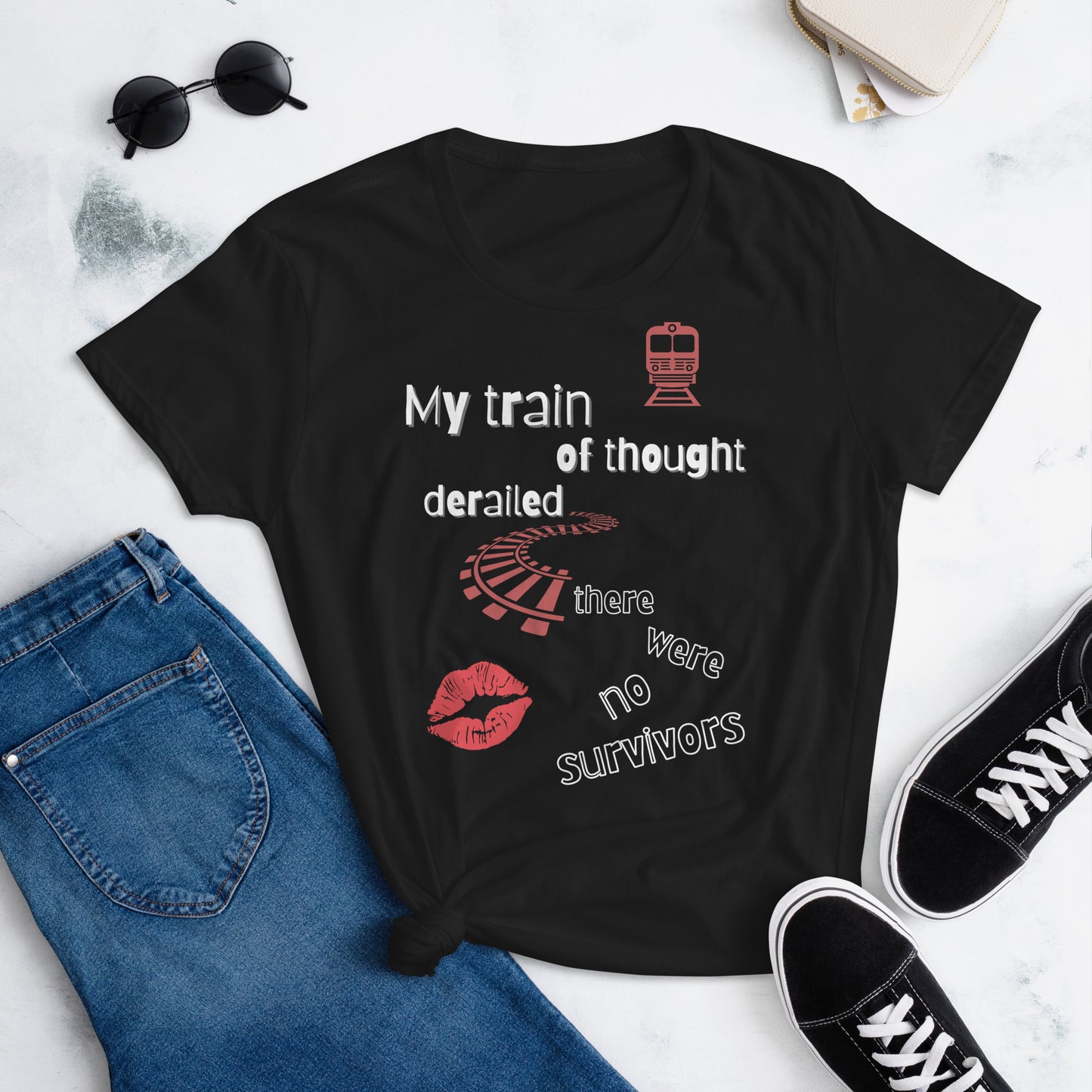 t-shirt with caption my train of thought derailed there were no survivors