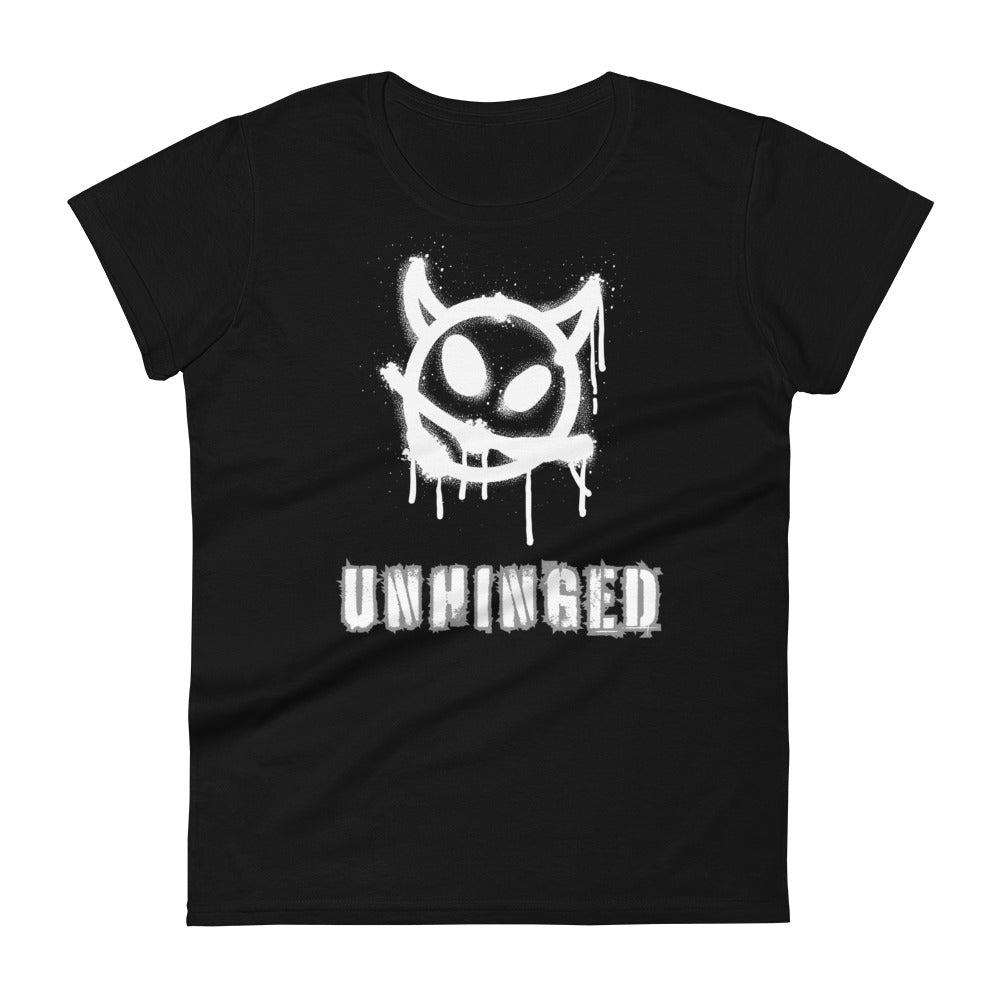 Black cotton t-shirt with "Unhinged" caption.