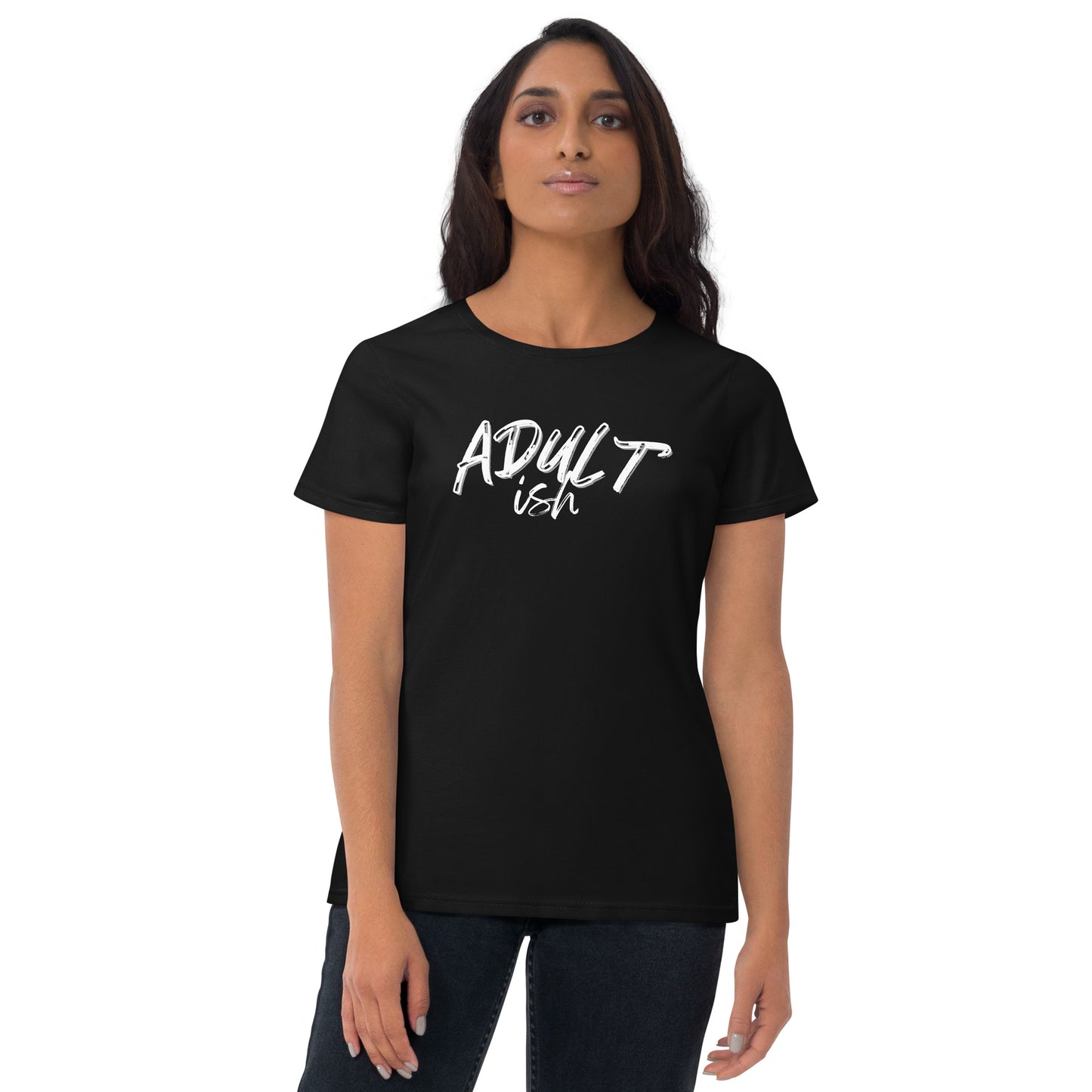 Woman in a black t-shirt with "Adult-ish" caption.