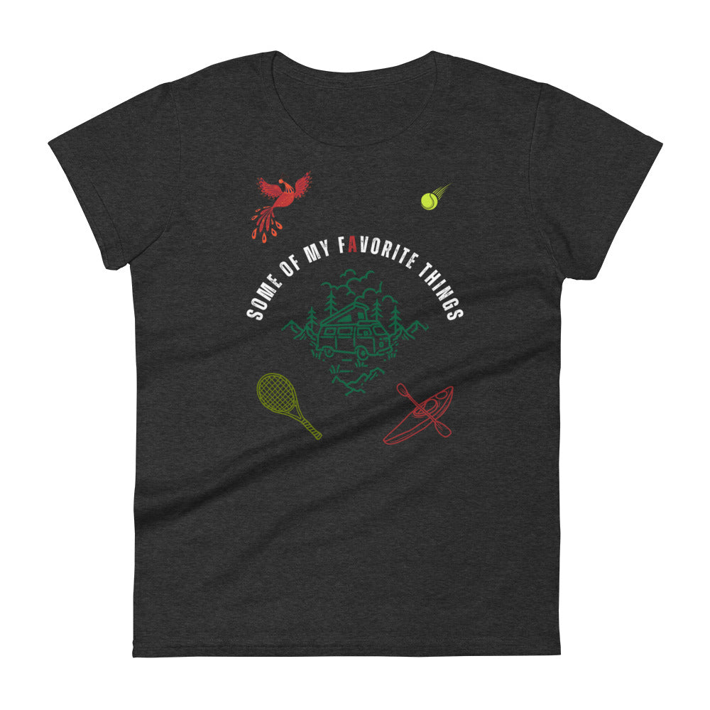 t-shirt in heather dark grey with some of my favorite things inscribed in the center, russian firebird, tennis ball, tennis racket, kayak, camper van, nature scene