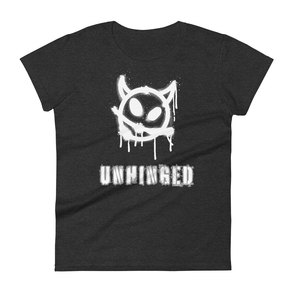 Dark grey cotton t-shirt with "Unhinged" caption.