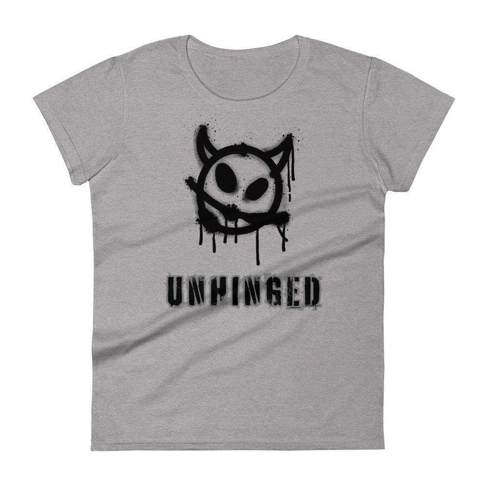 Grey cotton t-shirt with "Unhinged" caption.