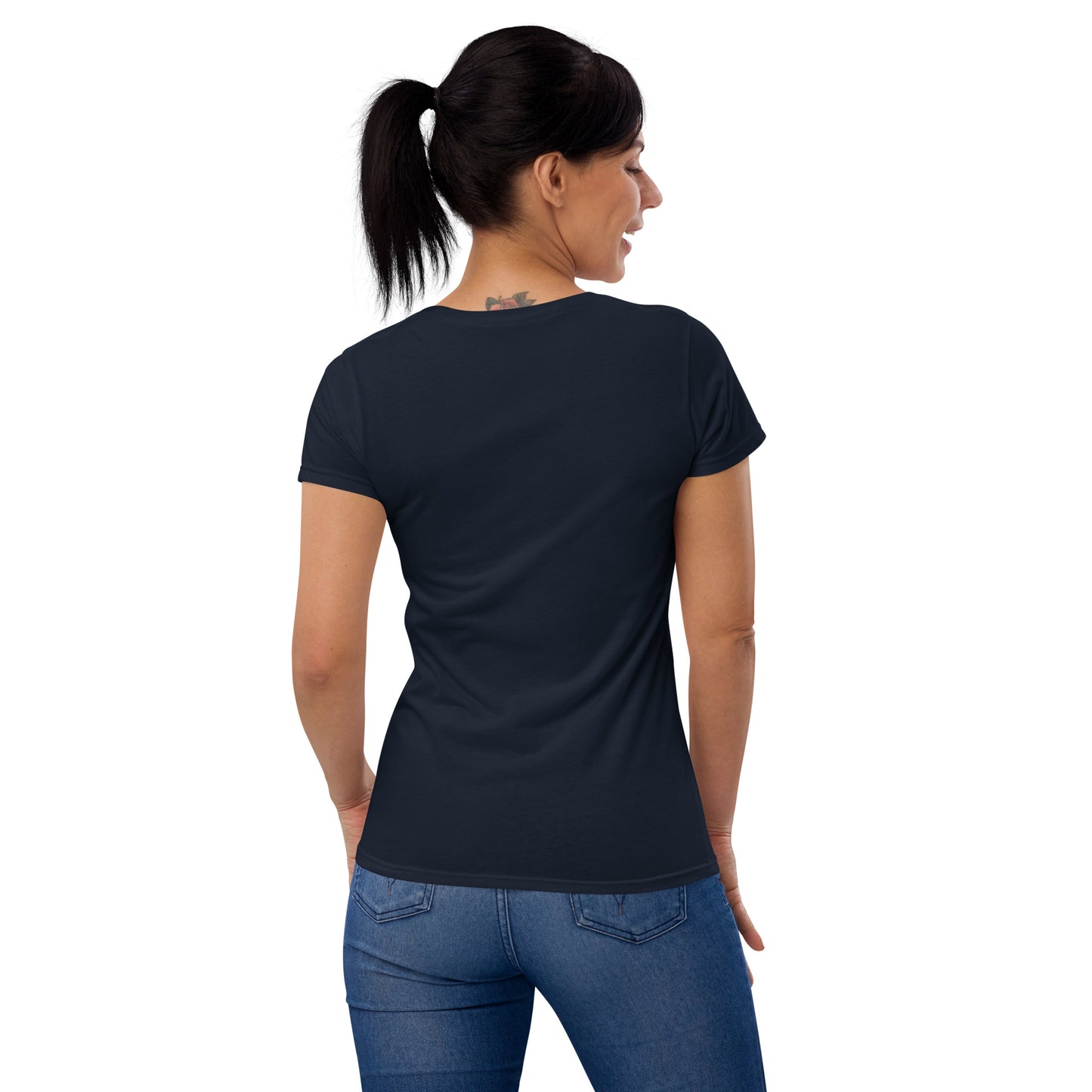 back of a woman in a navy black women's t-shirt