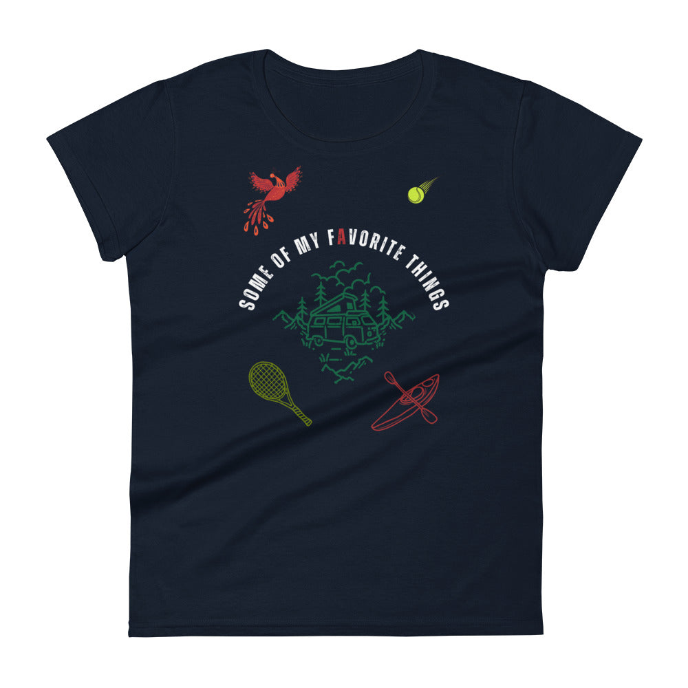 t-shirt in navy blue with some of my favorite things inscribed in the center, russian firebird, tennis ball, tennis racket, kayak, camper van, nature scene