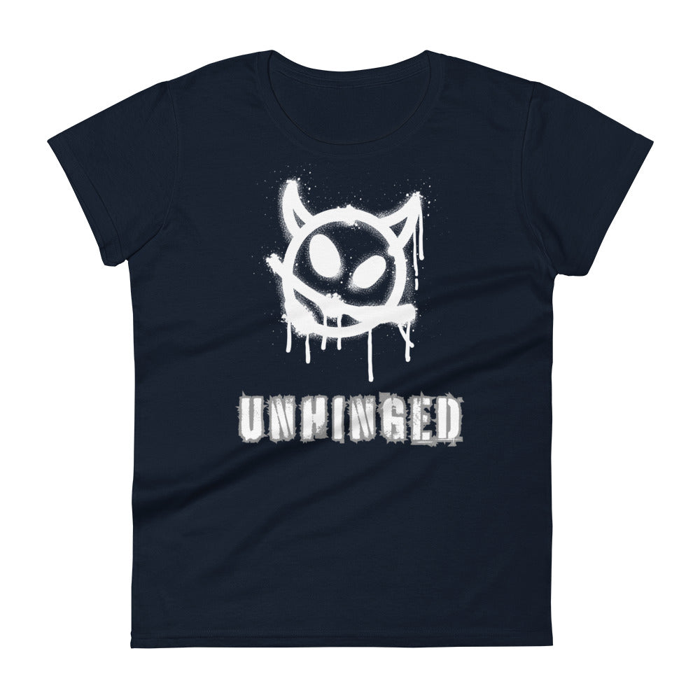 Navy blue cotton t-shirt with "Unhinged" caption.