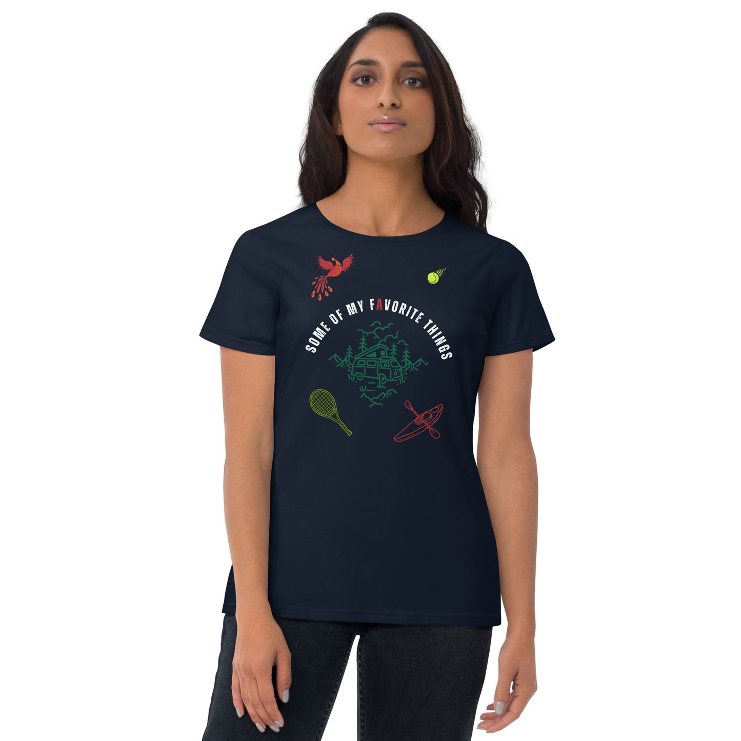 woman in navy blue t-shirt with some of my favorite things inscribed in the center, russian firebird, tennis ball, tennis racket, kayak, camper van, nature scene