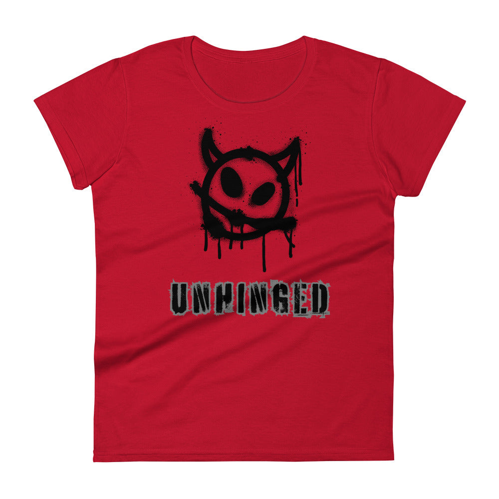 Red cotton t-shirt with "Unhinged" caption.