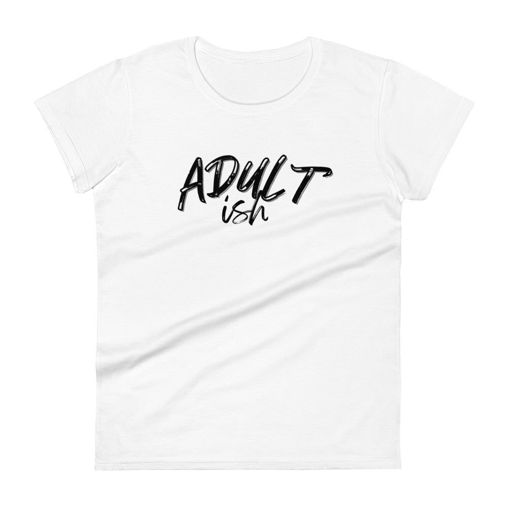 White woman's t-shirt with "Adult-ish" caption.