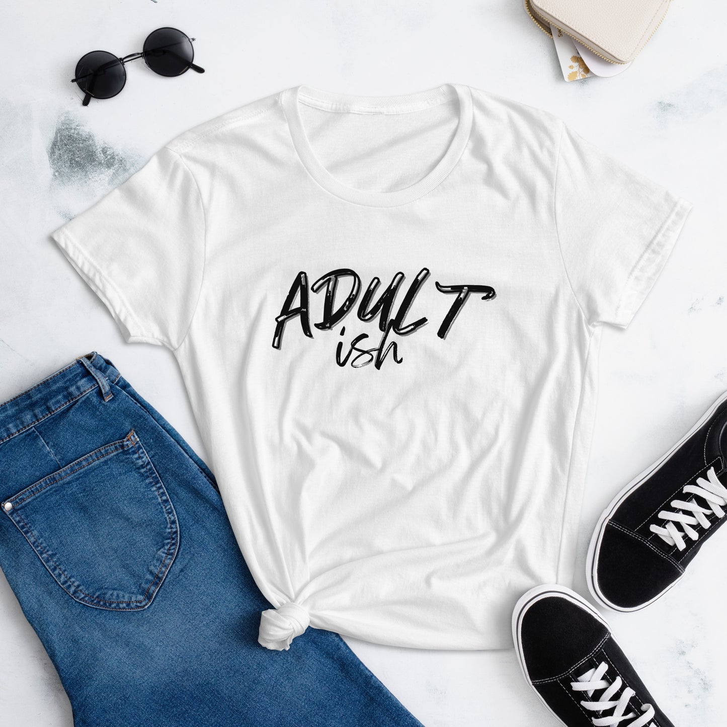 White woman's t-shirt with "Adult-ish" caption.