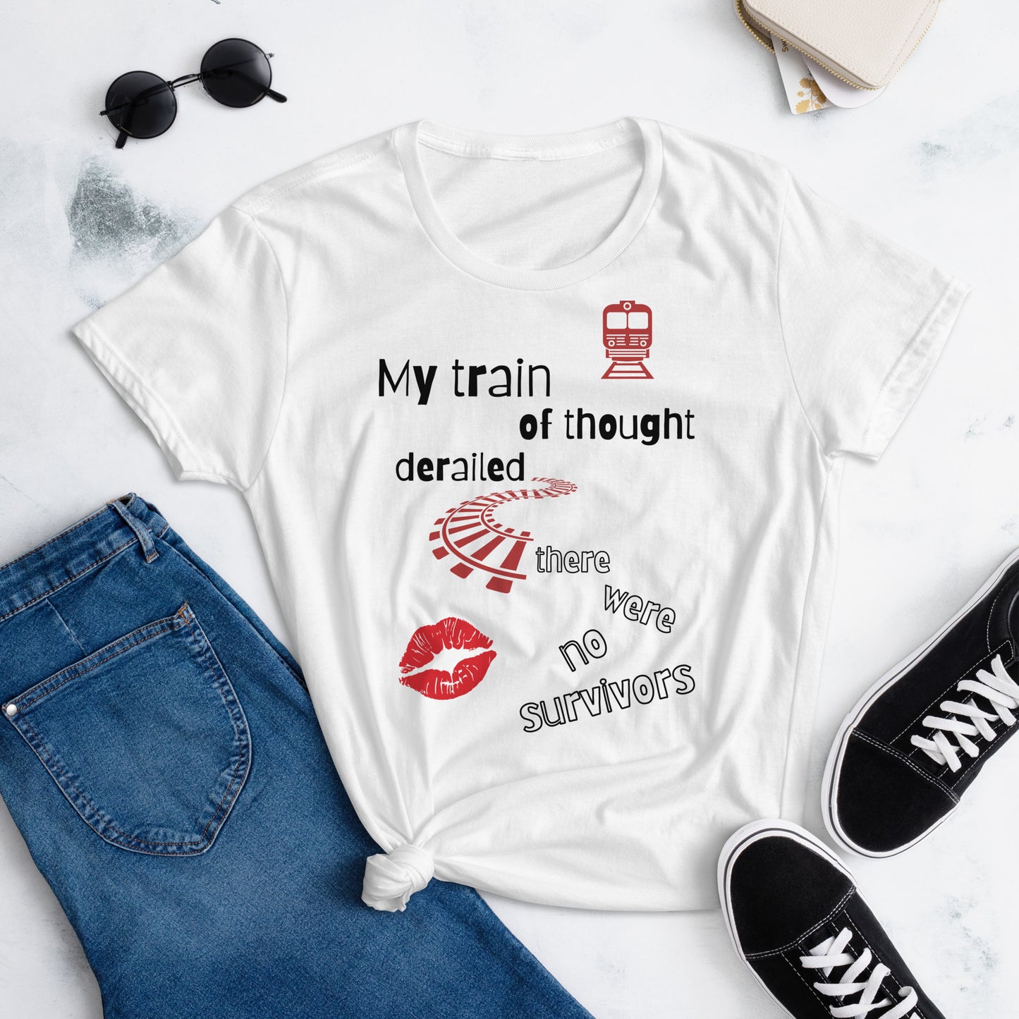 White woman's t-shirt with caption "My Train of Thought Derailed, There Were No Survivors".