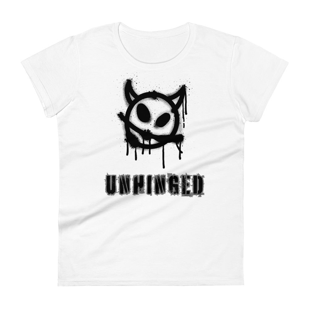 White cotton t-shirt with "Unhinged" caption.