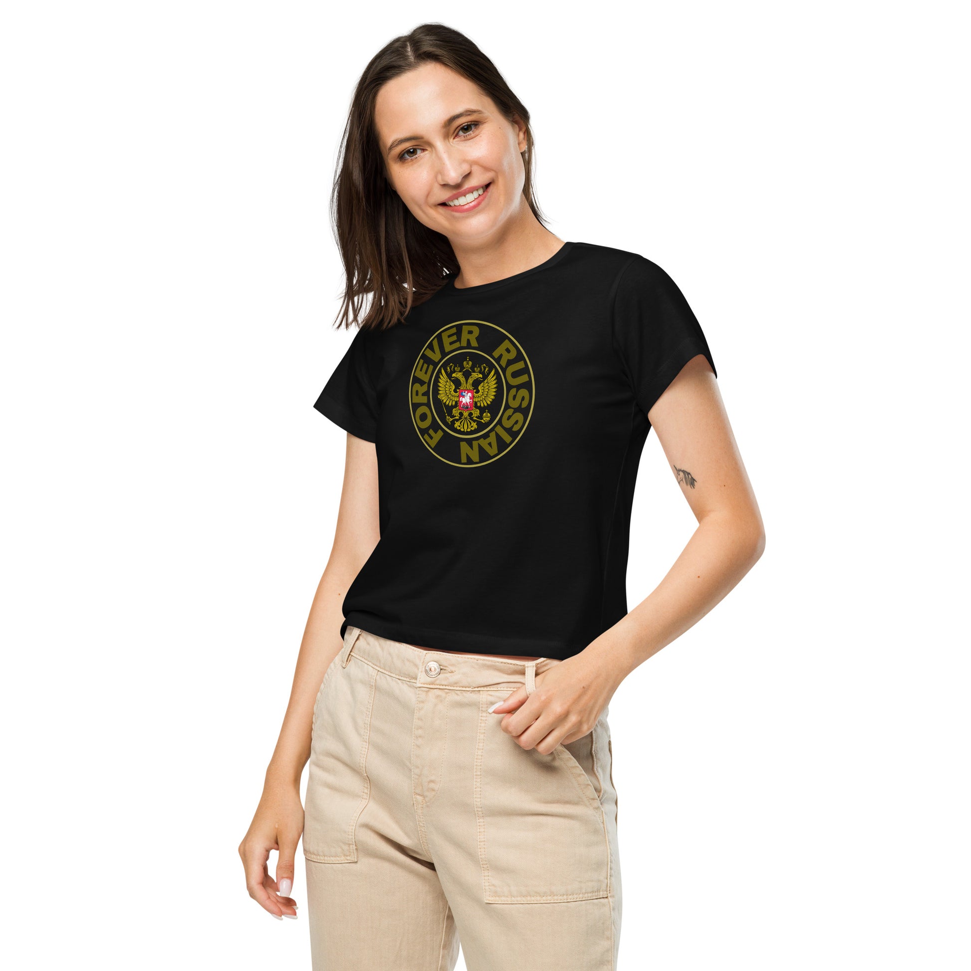 woman in high waist black tshirt with forever russian inscribed around the russian crest coat of arms