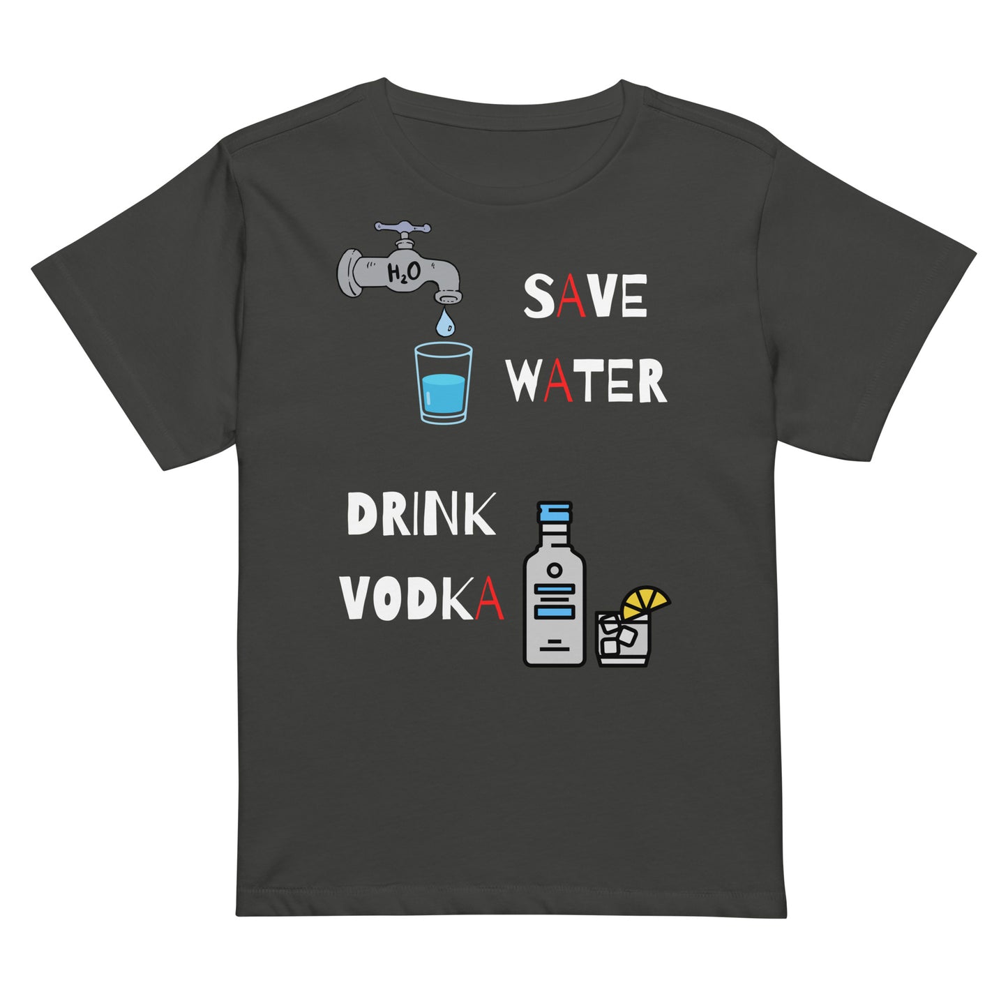 save water drink vodka faucet and bottle of vodka with a glass on a vintage black high waist t-shirt