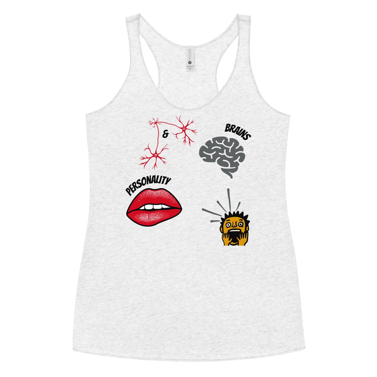 heather white racerback tank top brains and personality lips brain mind blown boy