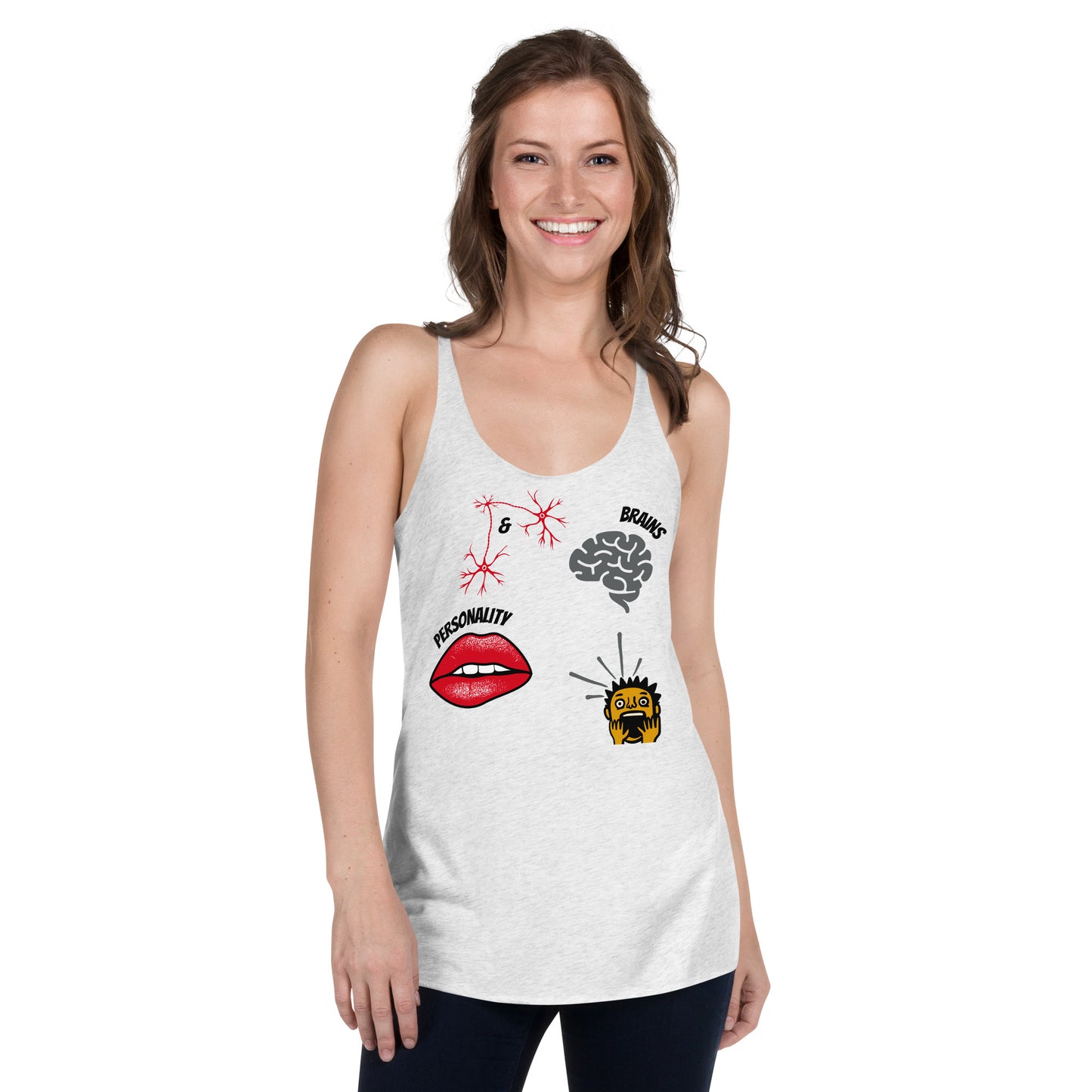 heather white racerback tank top brains and personality lips brain mind blown