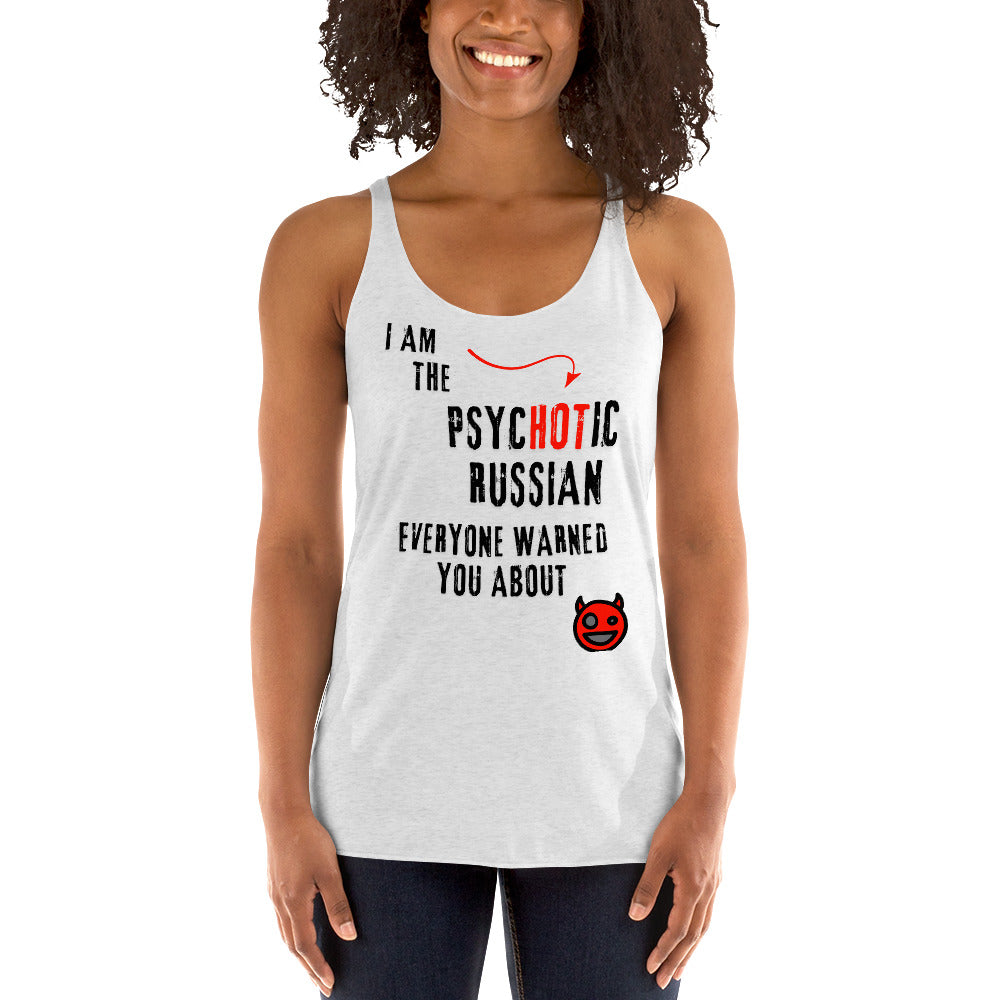 I am the psychotic russian everyone warned you about tanktop with smiley devil white on a woman