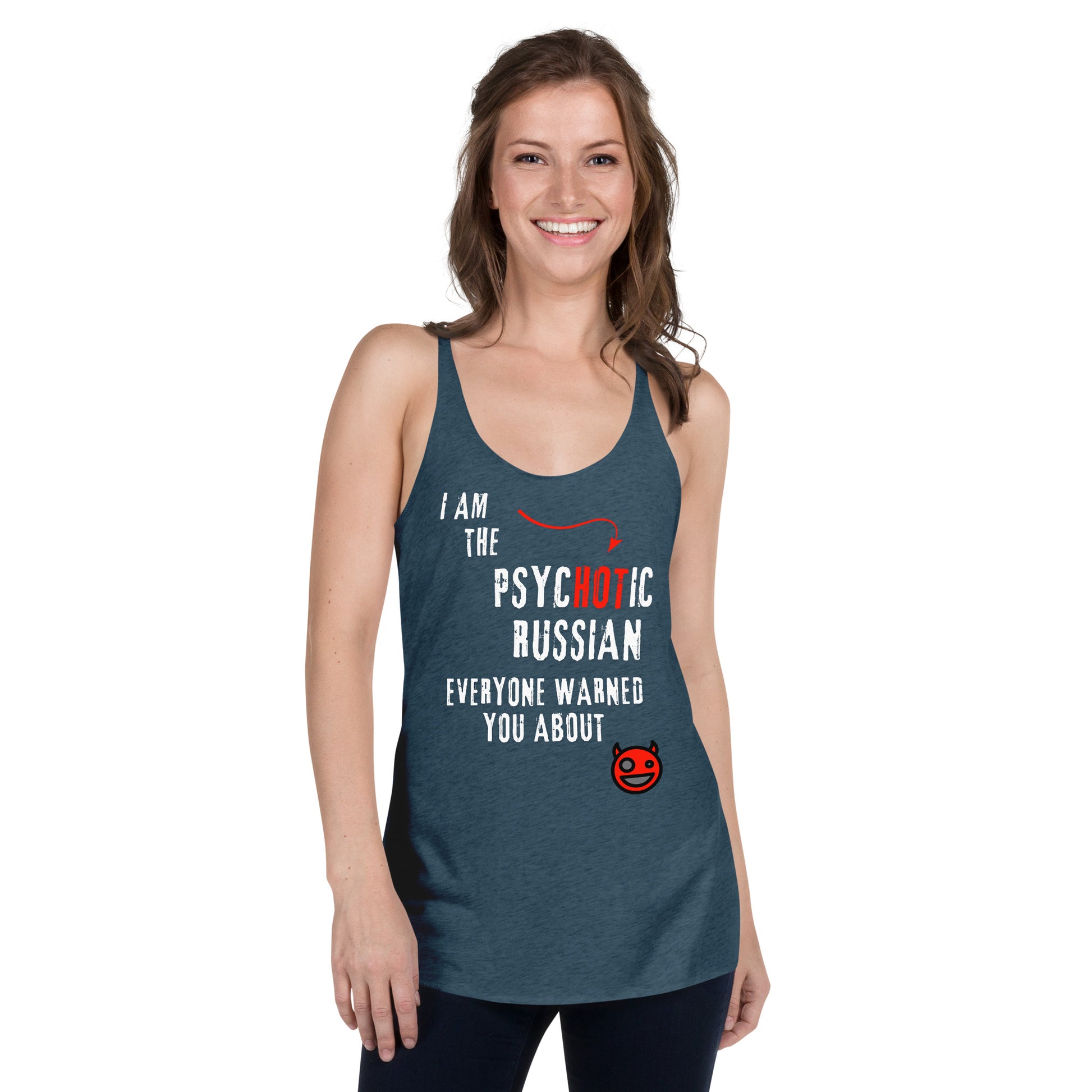 I am the psychotic russian everyone warned you about tanktop with smiley devil indigo blue on a woman