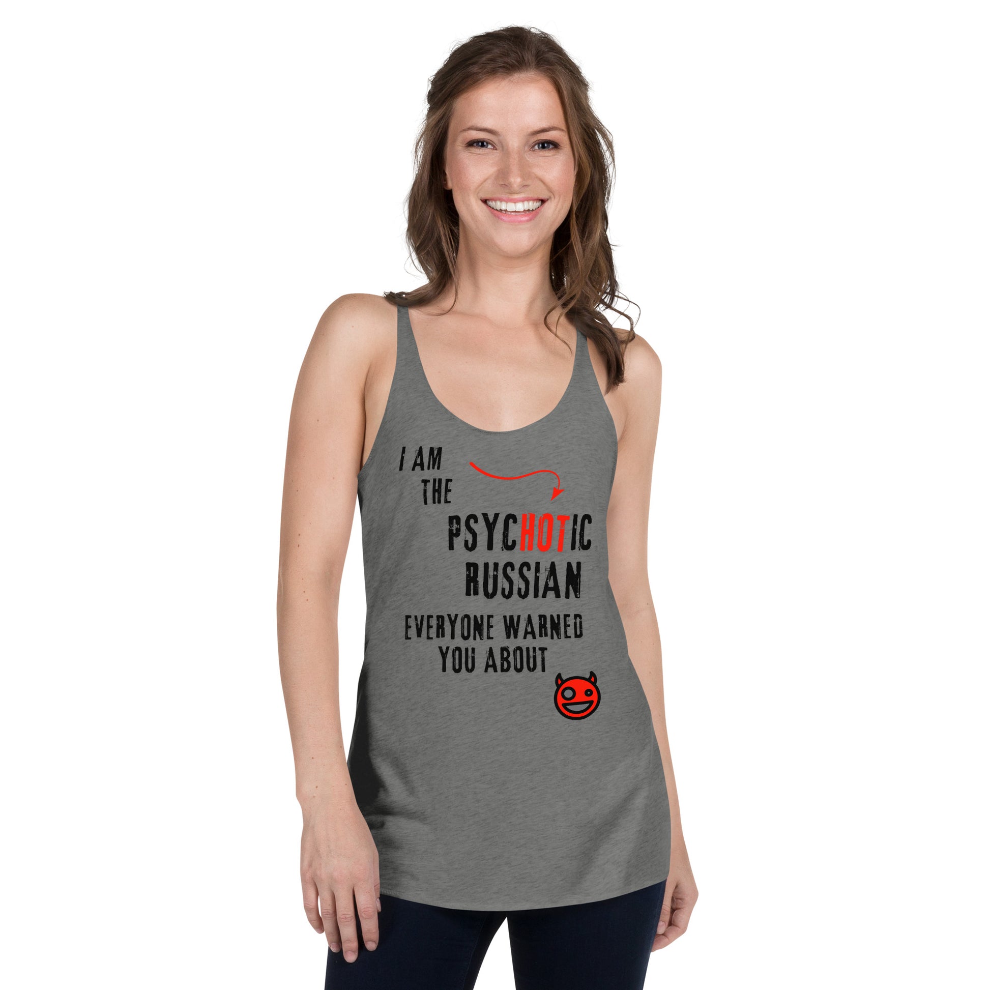 I am the psychotic russian everyone warned you about tanktop with smiley devil heather grey on a woman