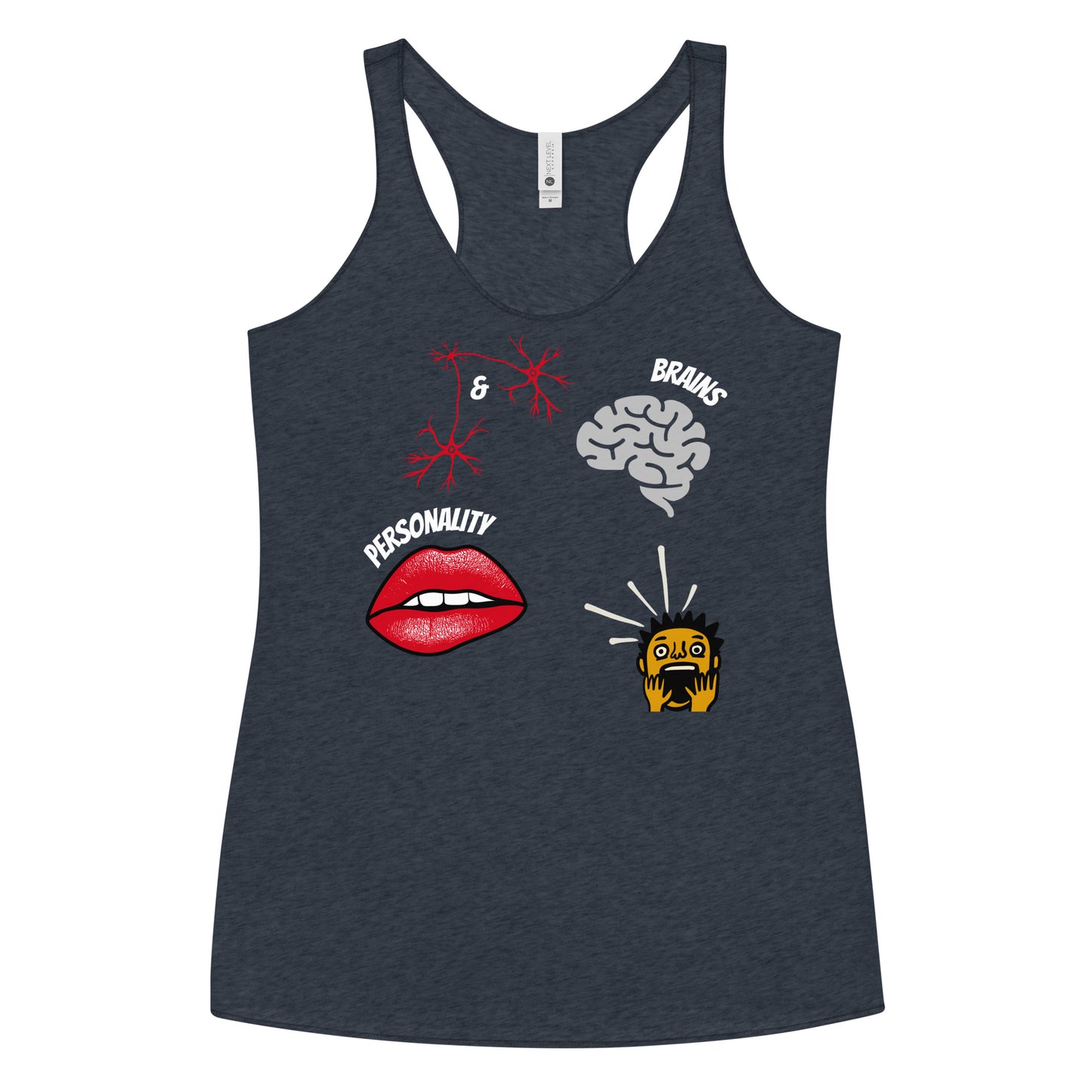 vintage navy blue racerback tank top brains and personality lips brain mind blown boy