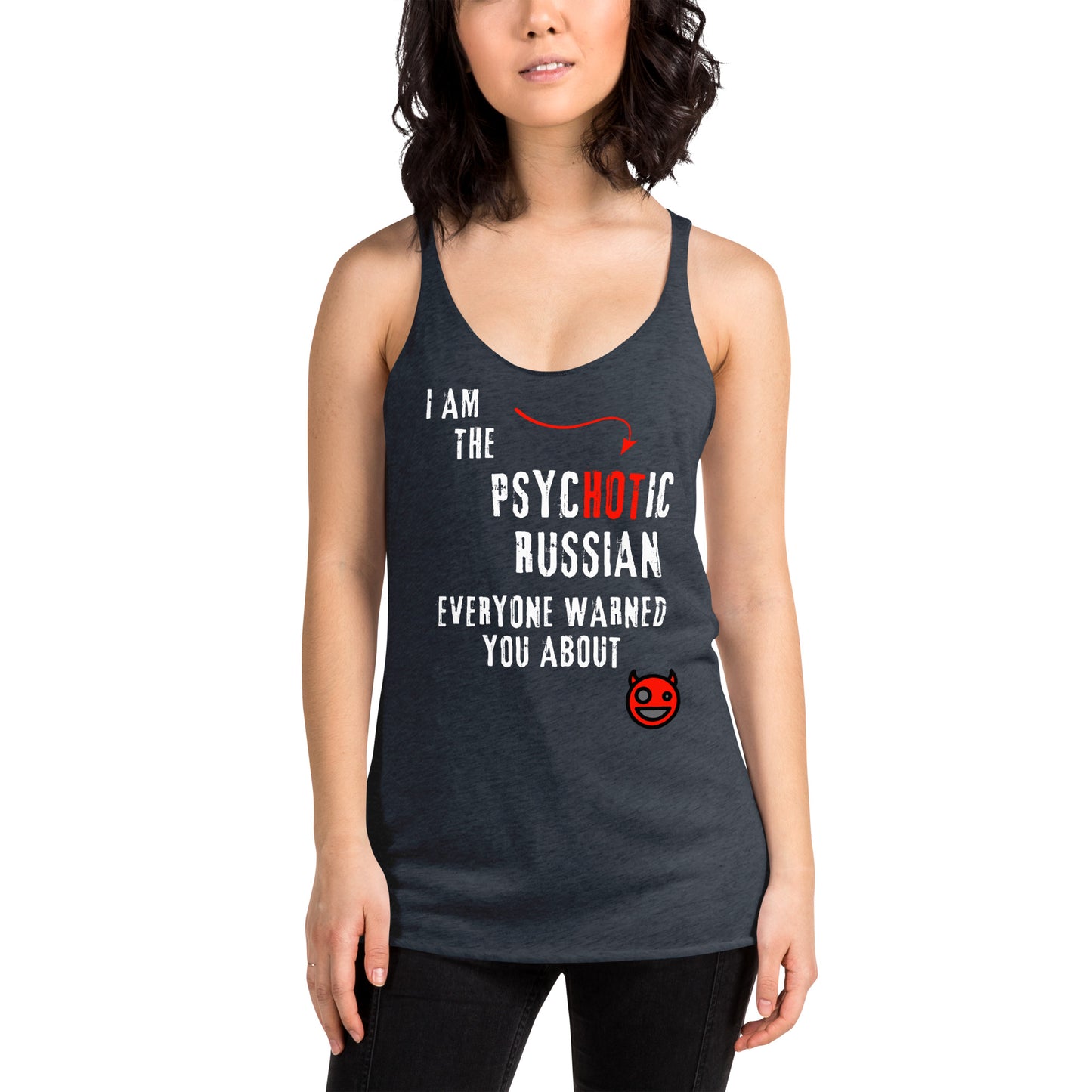 I am the psychotic russian everyone warned you about tanktop with smiley devil navy blue on a woman