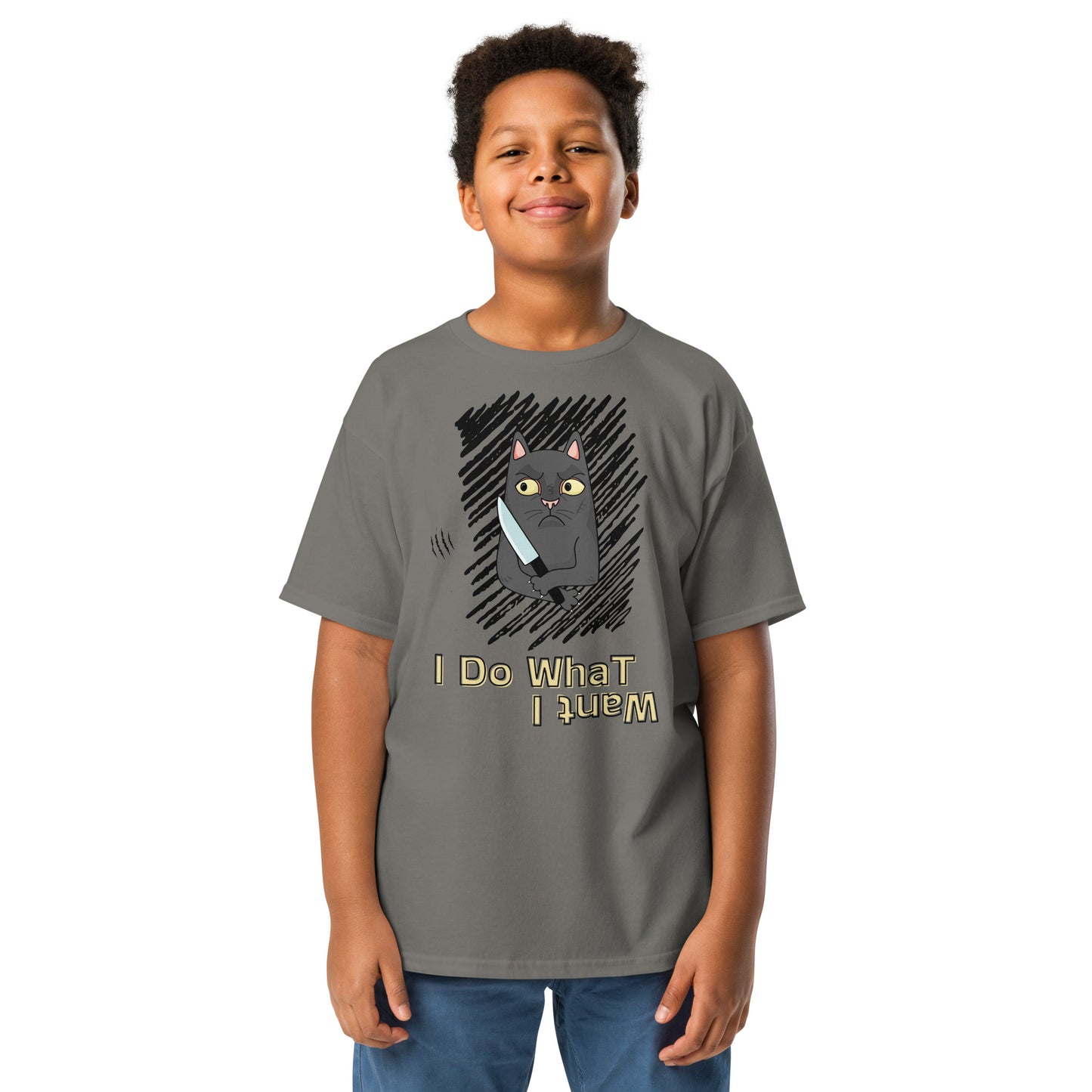 youth t-shirt with "I Do What I Want" caption and a mischievous cat with a knife