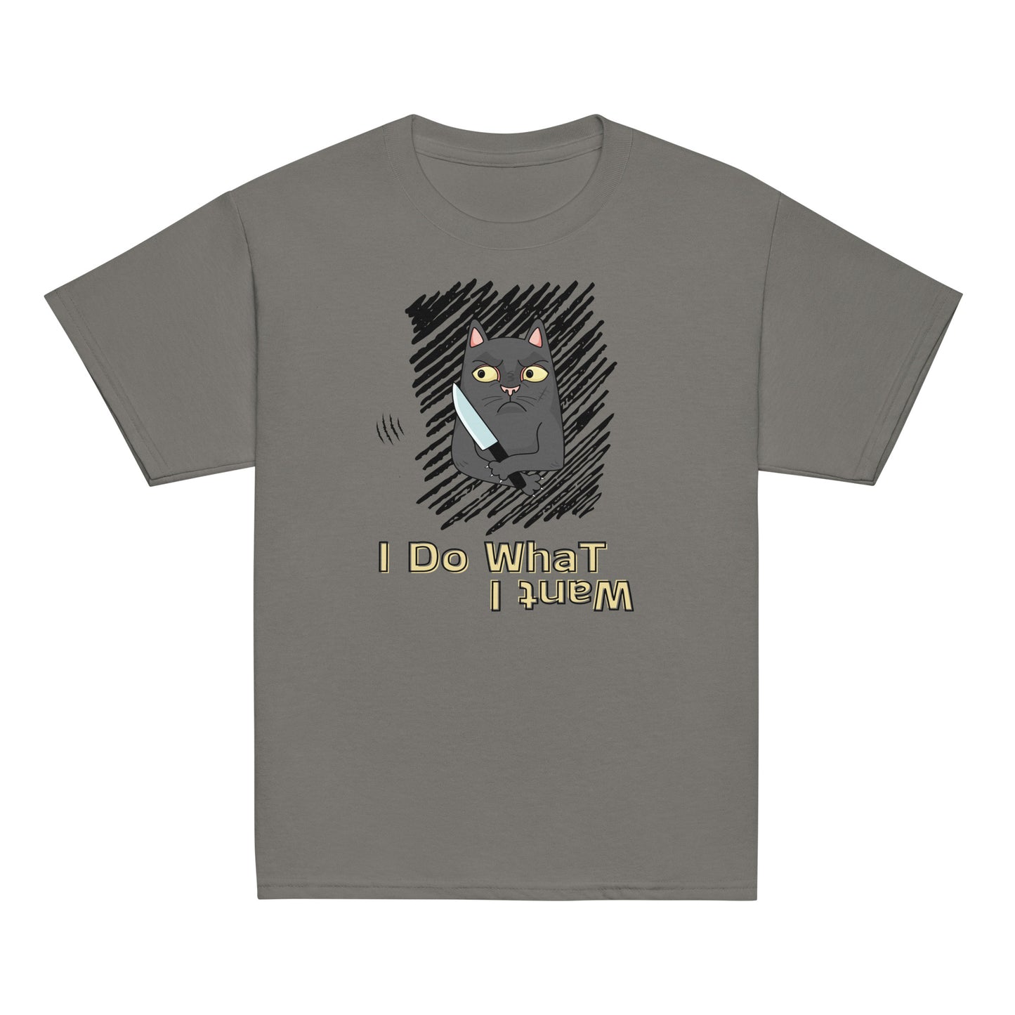 youth t-shirt with "I Do What I Want" caption and a mischievous cat with a knife