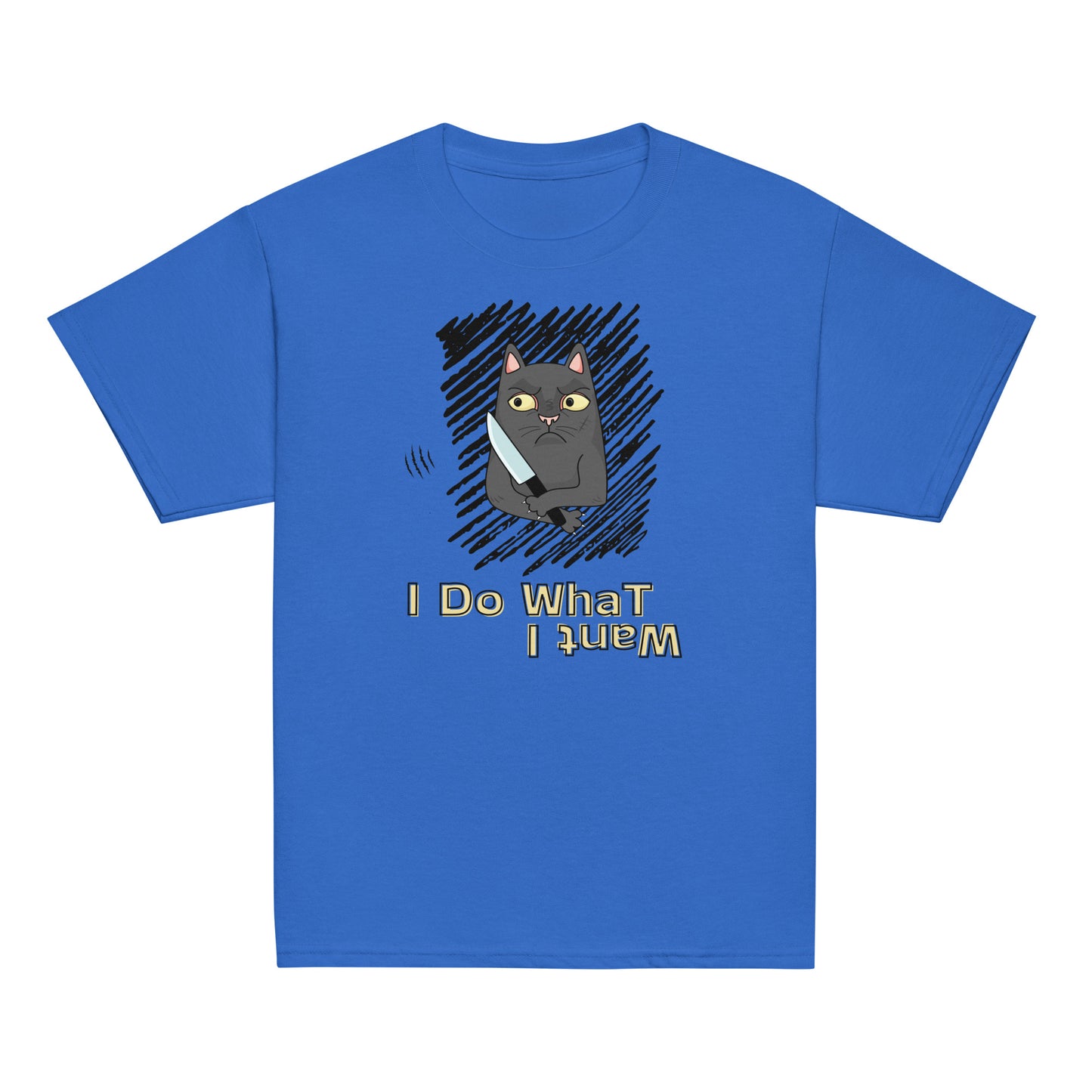 youth t-shirt with "I Do What I Want" caption and a mischievous cat with a knife