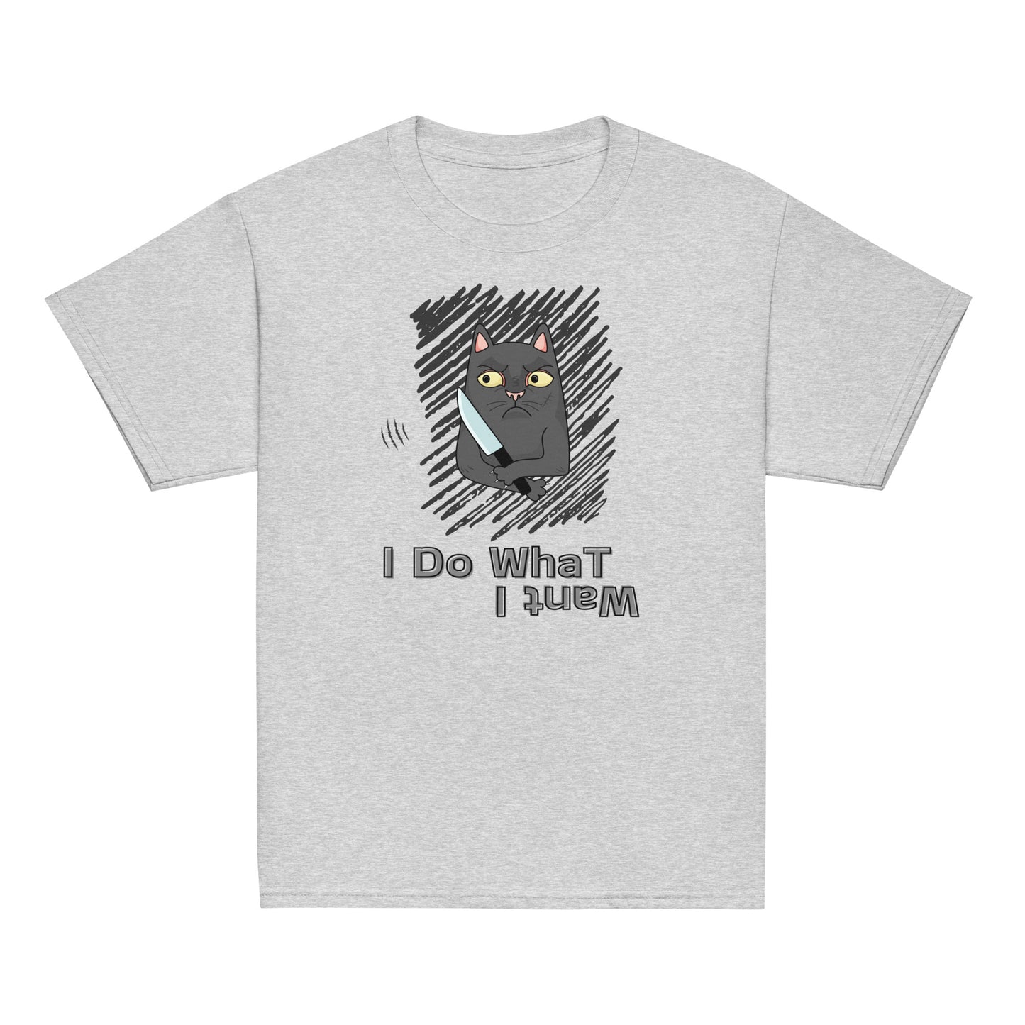 youth t-shirt with "I Do What I Want" caption and a mischievous cat with a knife