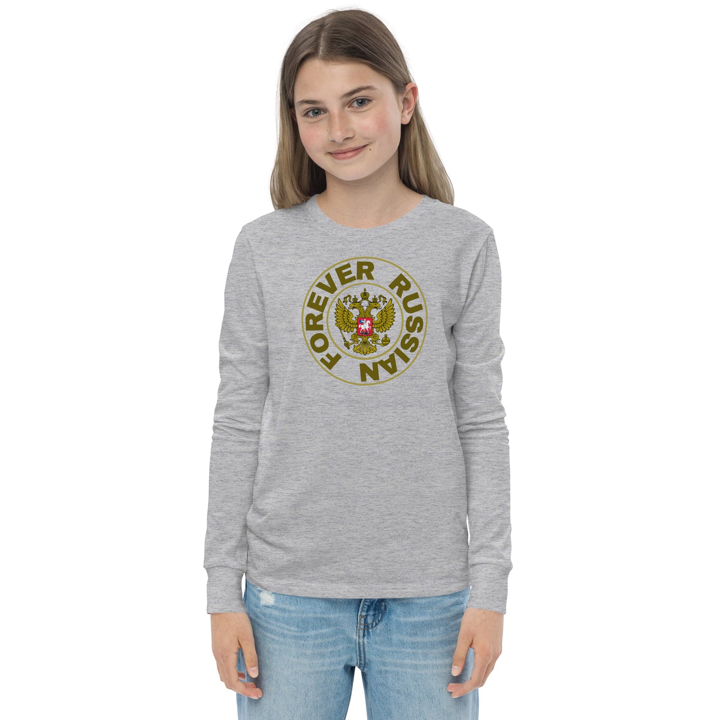 young girl teenager in a long sleeve heather grey tshirt with forever russian and russian coat of arms in the center