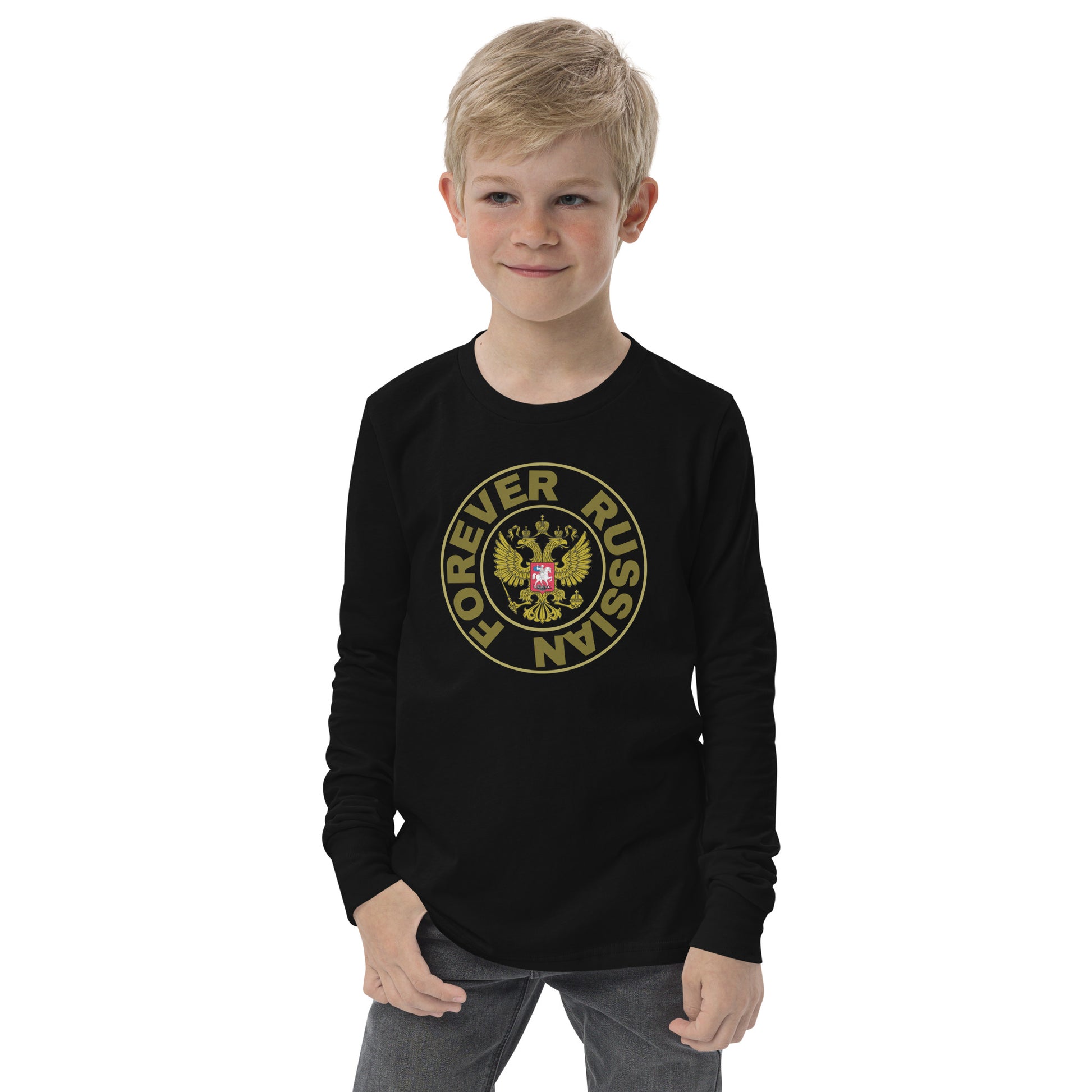 boy in long sleeve black t-shirt with Forever Russian and Russian Coat of Arms