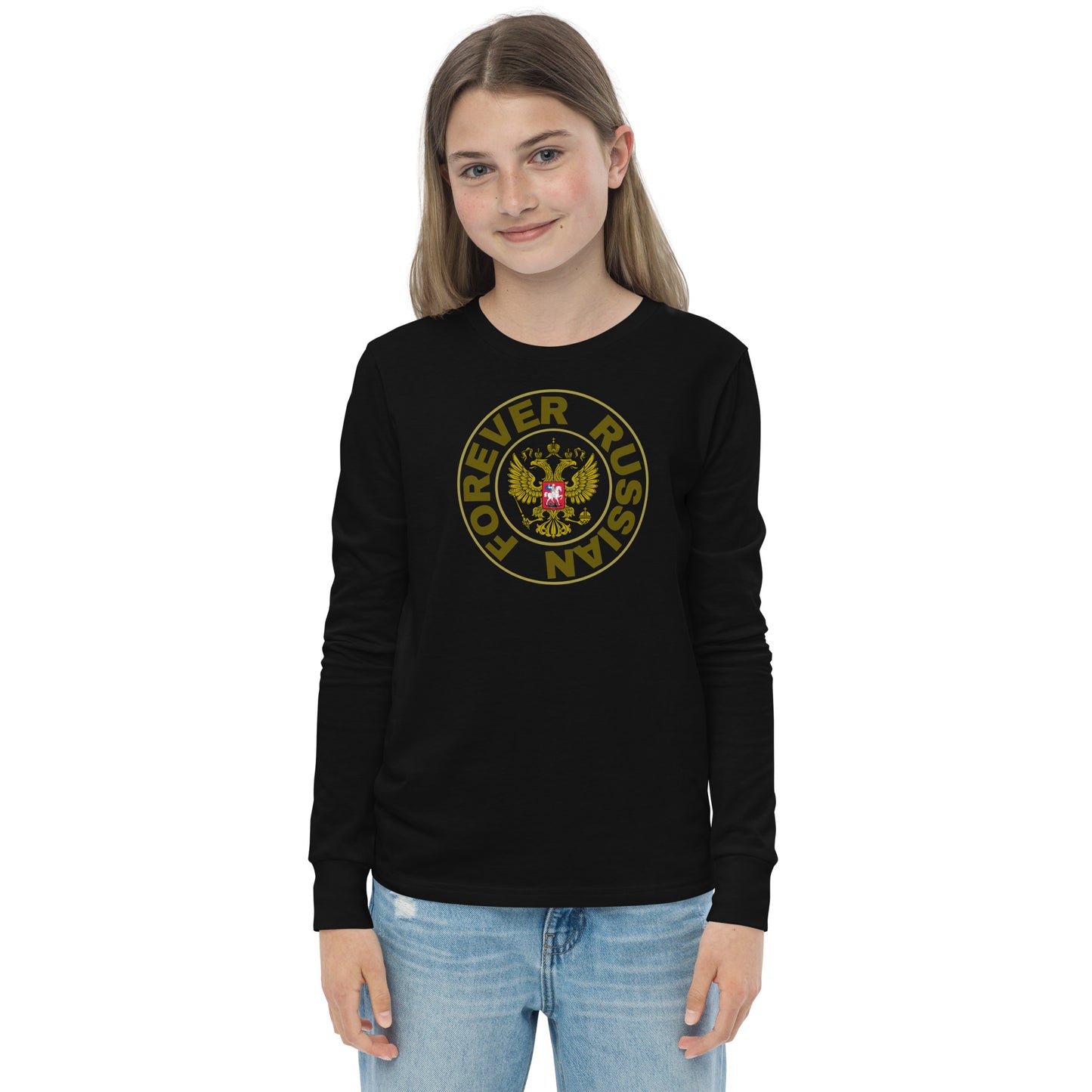 young girl teenager in a long sleeve black tshirt with forever russian and russian coat of arms in the center