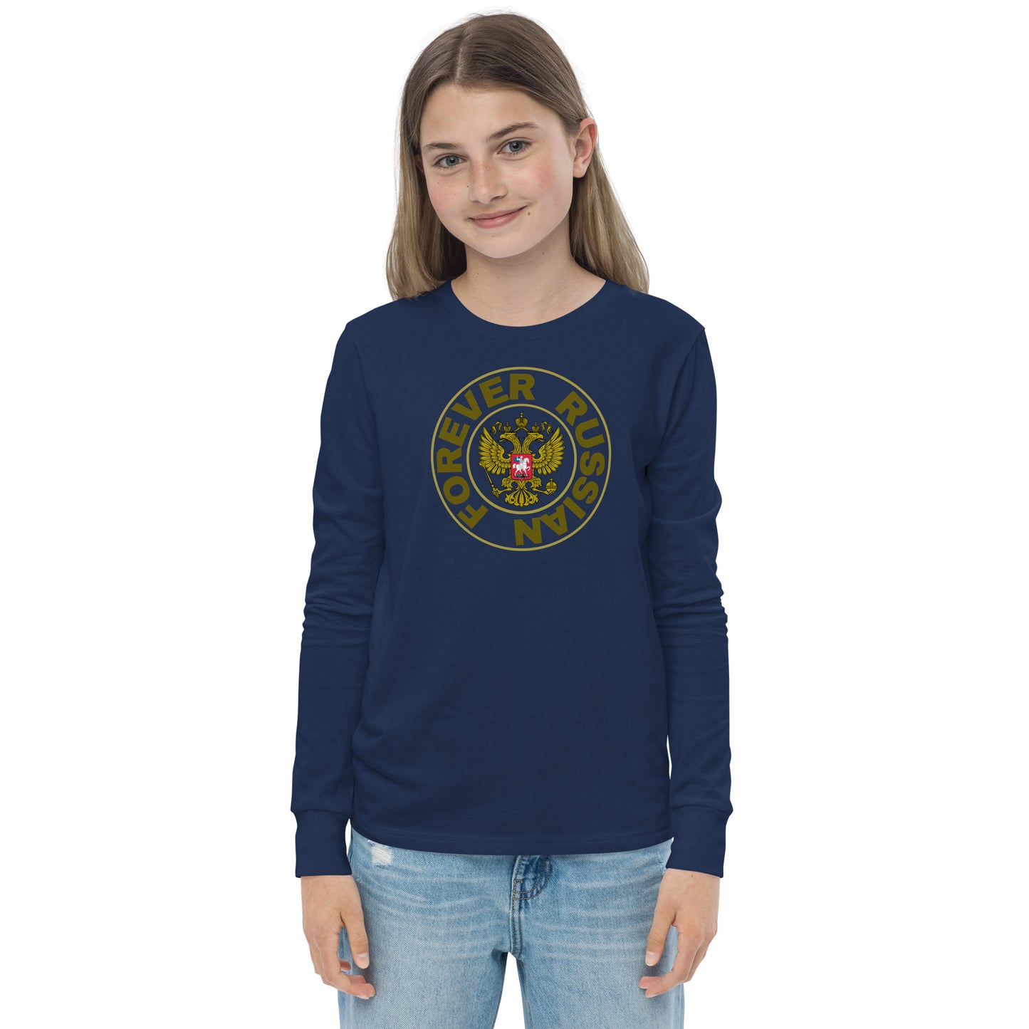 young girl teenager in a long sleeve navy tshirt with forever russian and russian coat of arms in the center