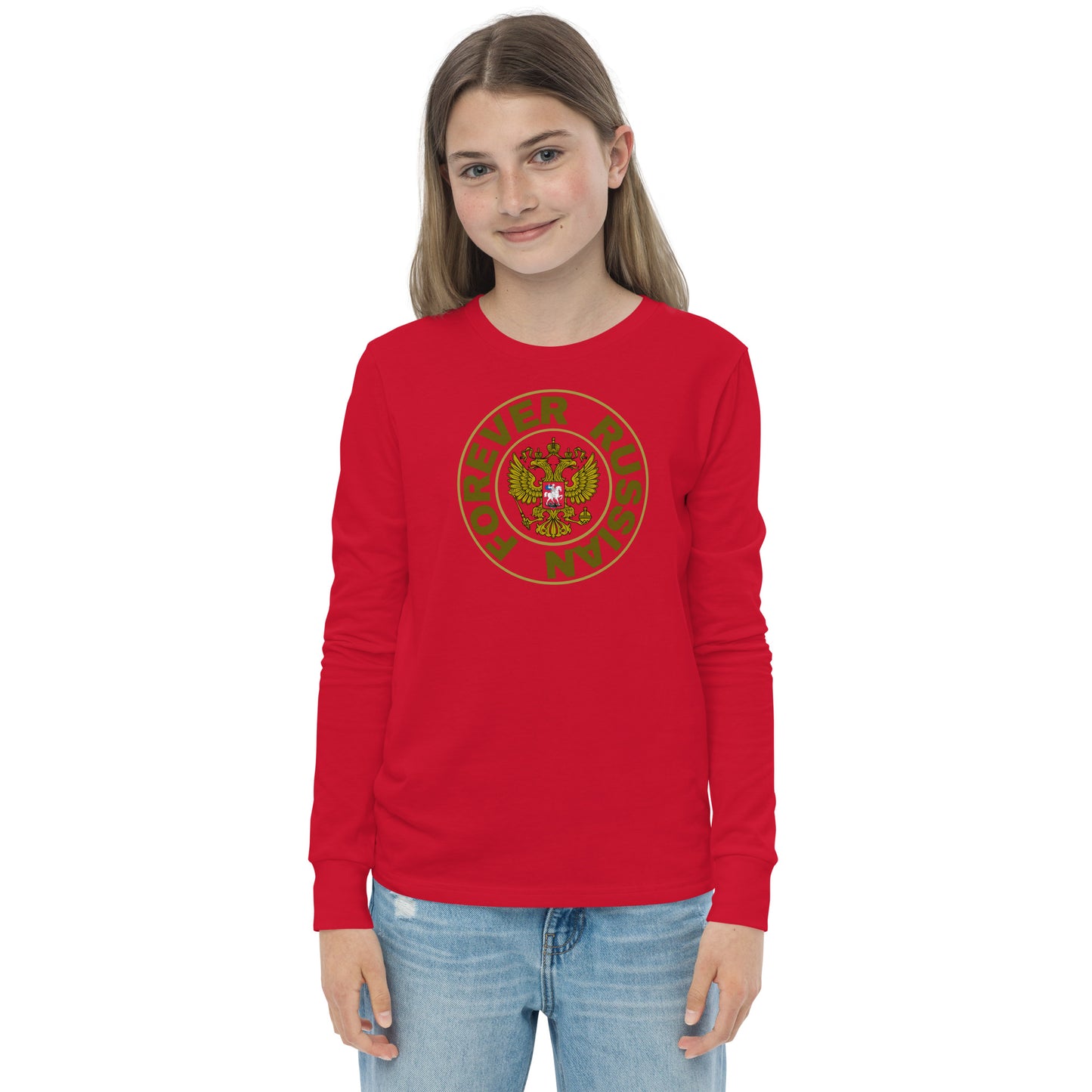 young girl teenager in a long sleeve red tshirt with forever russian and russian coat of arms in the center