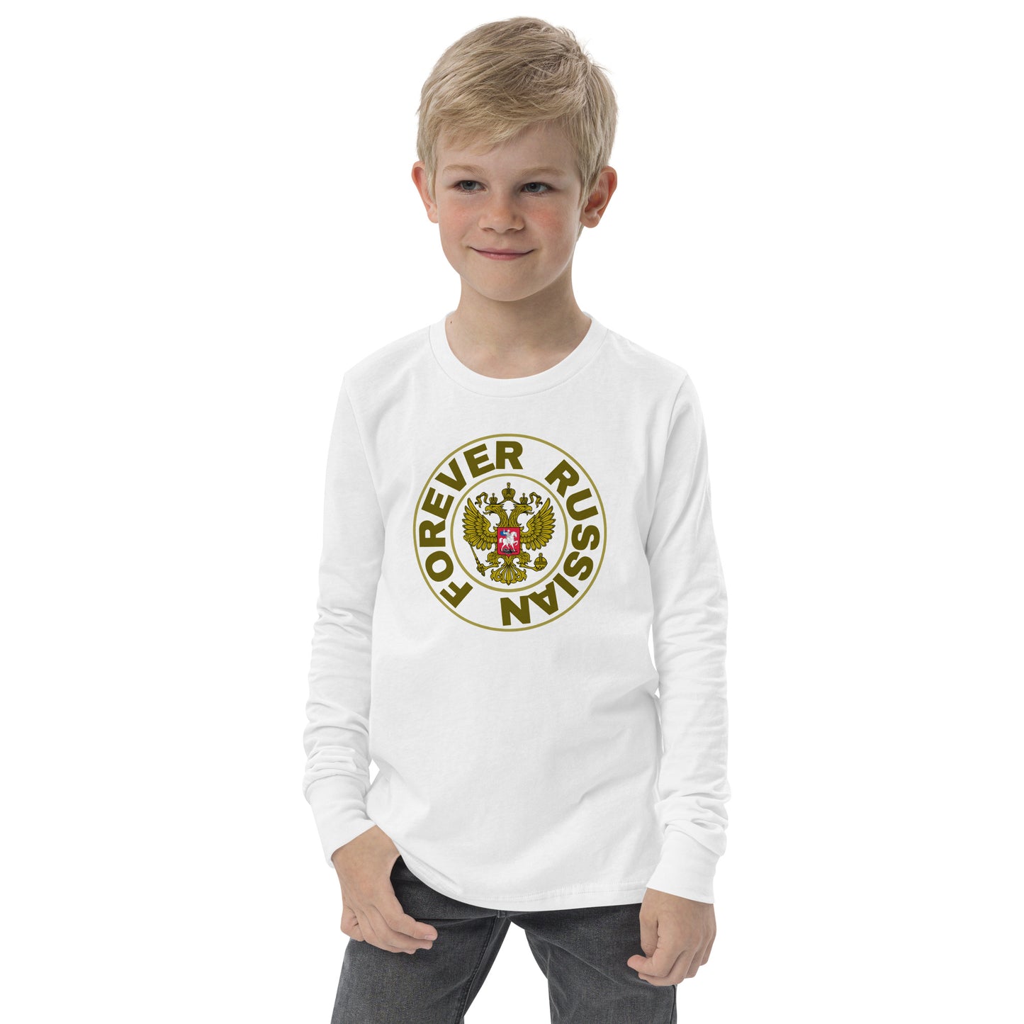 boy in long sleeve white t-shirt with Forever Russian and Russian Coat of Arms