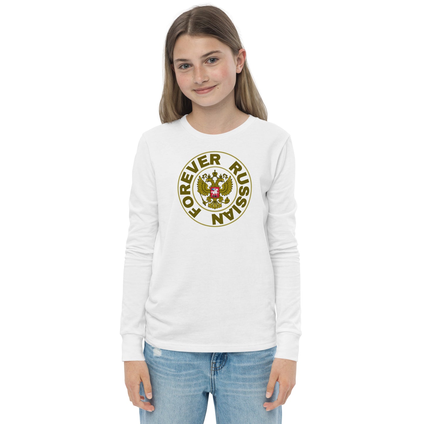 young girl teenager in a long sleeve white tshirt with forever russian and russian coat of arms in the center